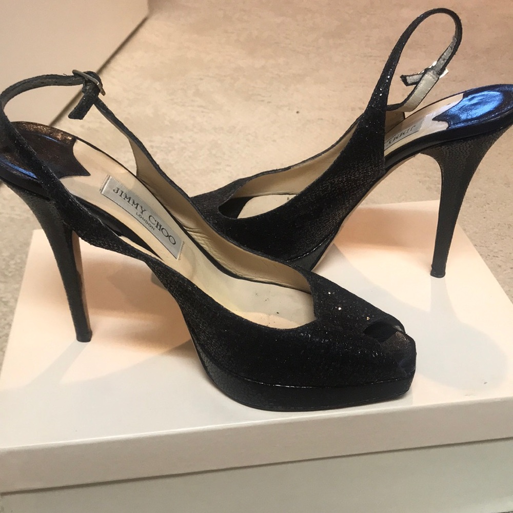 Jimmy Choo black glitter slingback pumps